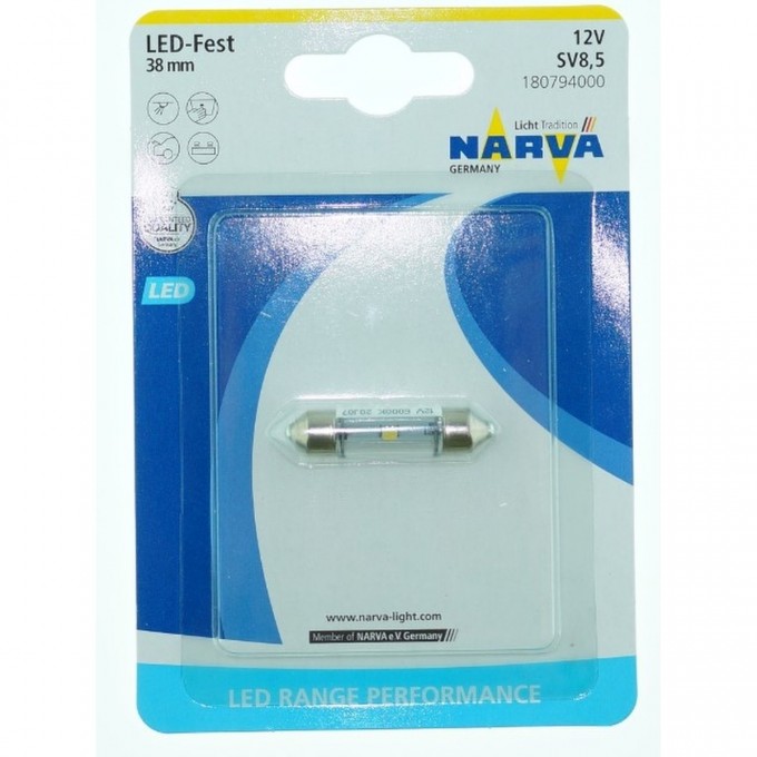 Лампа NARVA RANGE PERFORMANCE LED FEST T10.5x38 6000K 12V 0.6W SV8.5 47386627 Лампа NARVA RANGE PERFORMANCE LED FEST T10.5x38 6000K 12V 0.6W SV8.5 47386627
