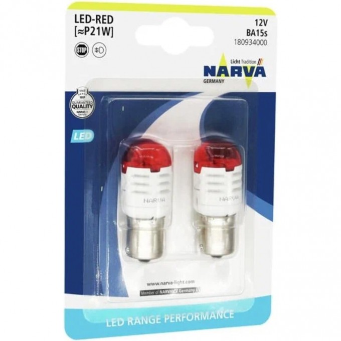 Лампа NARVA RANGE PERFORMANCE LED P21 P21W BA15s red 2 шт. 117111655 Лампа NARVA RANGE PERFORMANCE LED P21 P21W BA15s red 2 шт. 117111655